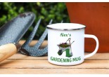 white enamel gardening mug which can be personalised 